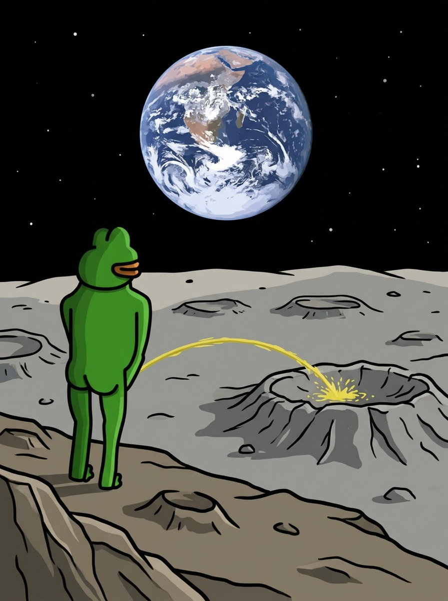PeePee the cartoon frog standing on the moon with Earth in the sky